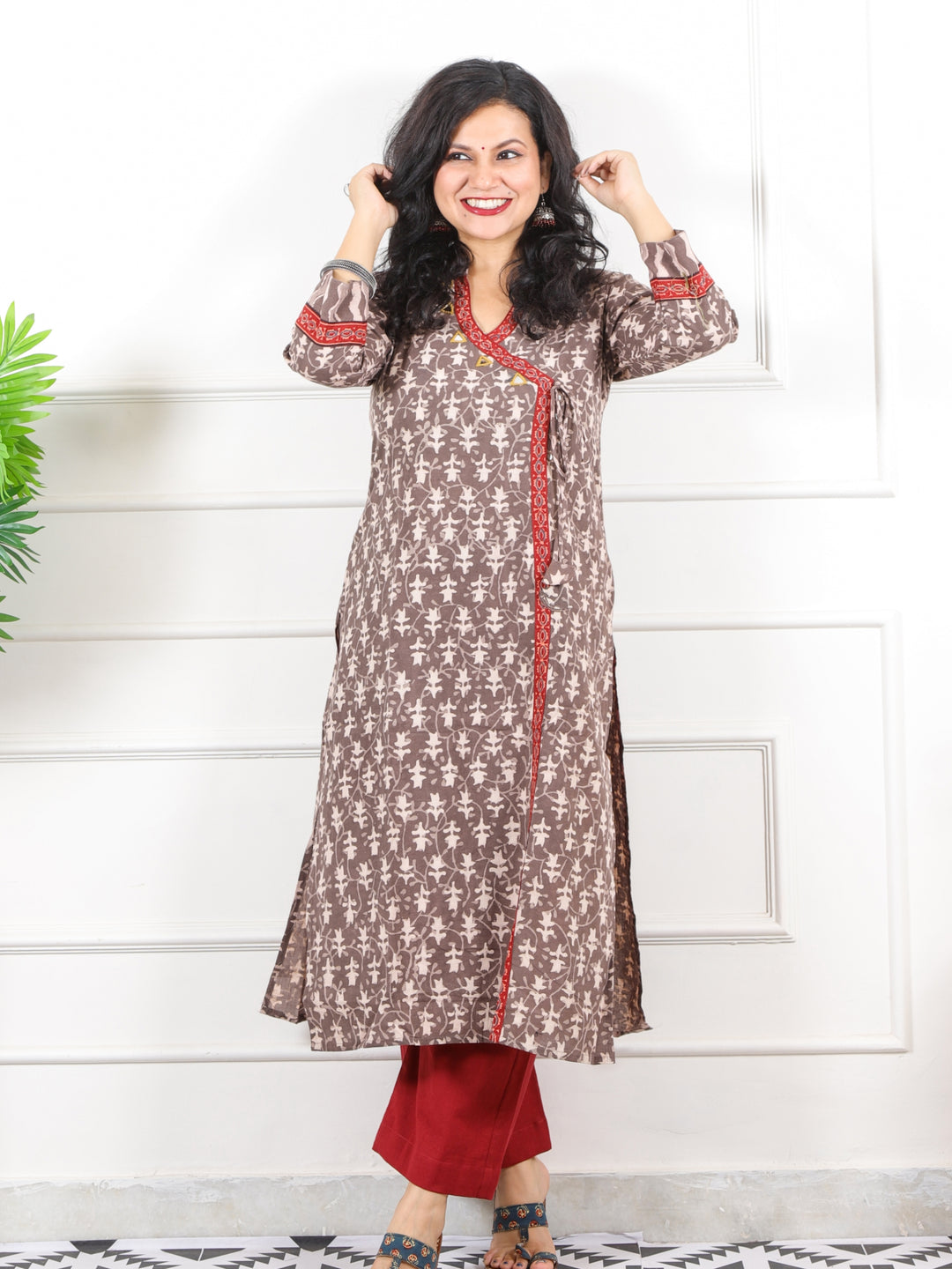 Naaz Tan Beige Long Angrakha Style Neck Dabu Printed Cotton Kurti