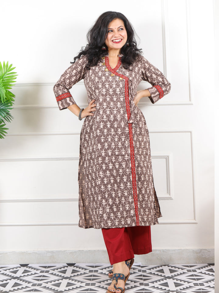 Naaz Tan Beige Long Angrakha Style Neck Dabu Printed Cotton Kurti