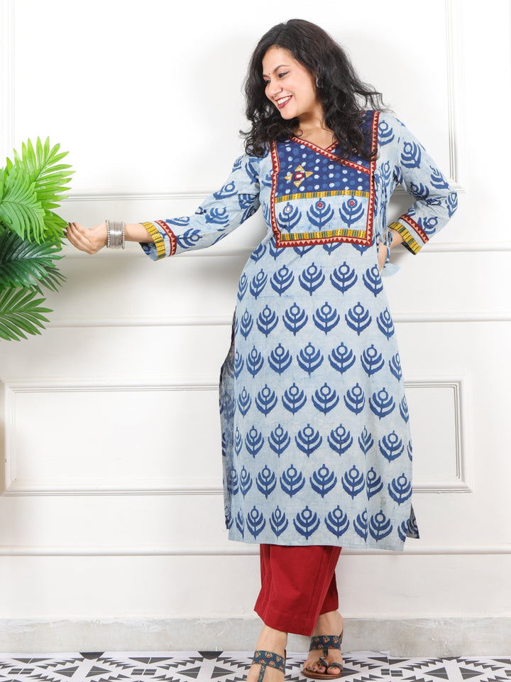 Naaz Faded Blue Kutch Neck Work Dabu Printed Cotton Kurti-D1