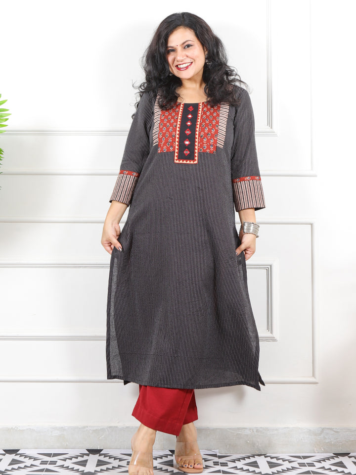 Rivaayi Oil Black Kutch Neck In Running Stitch Cotton Kurti-D2