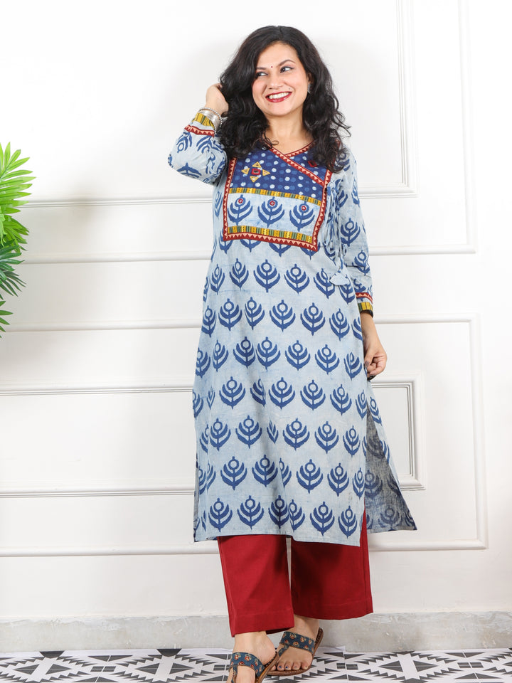 Naaz Faded Blue Kutch Neck Work Dabu Printed Cotton Kurti-D1