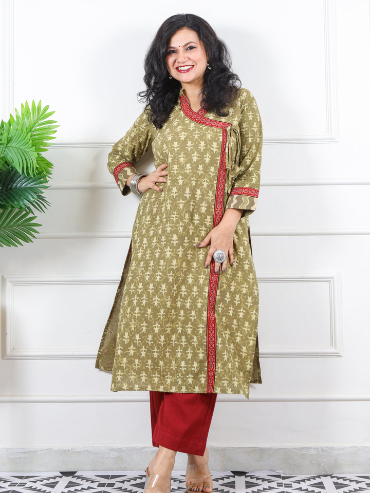 Naaz Sand Yellow Long Angrakha Style Neck Dabu Printed Cotton Kurti