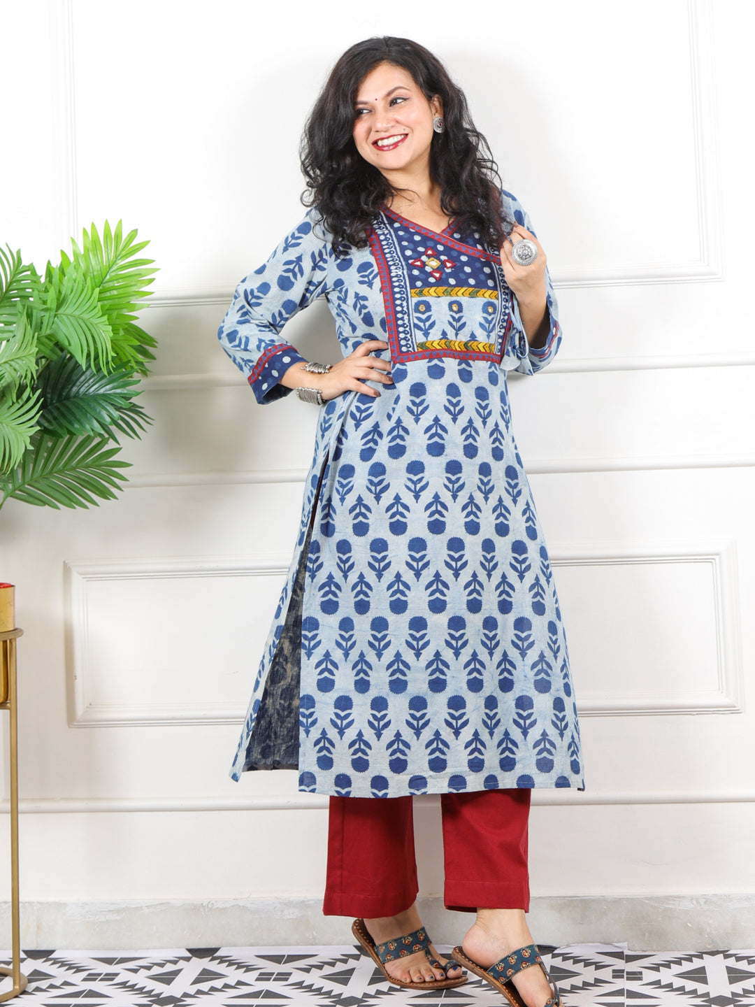 Naaz Faded Blue Kutch Angrakha Neck Work Dabu Printed Cotton Kurti-D2