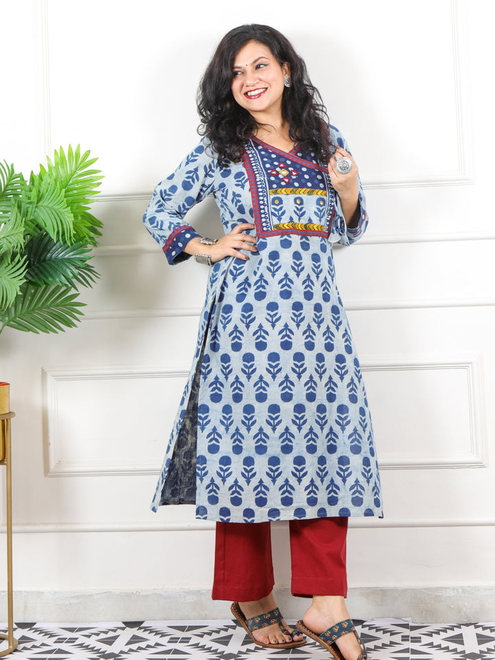 Naaz Faded Blue Kutch Angrakha Neck Work Dabu Printed Cotton Kurti-D2