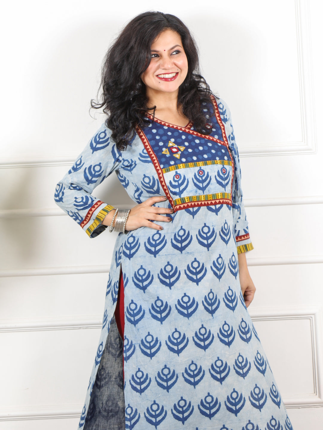 Naaz Faded Blue Kutch Neck Work Dabu Printed Cotton Kurti-D1