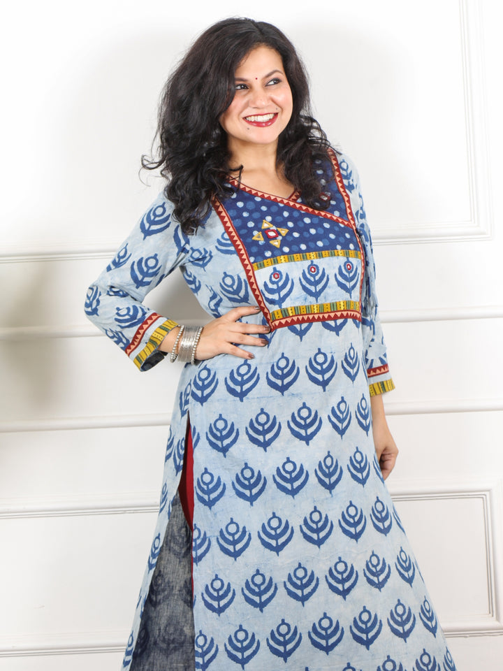 Naaz Faded Blue Kutch Neck Work Dabu Printed Cotton Kurti-D1