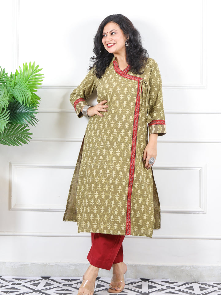 Naaz Sand Yellow Long Angrakha Style Neck Dabu Printed Cotton Kurti