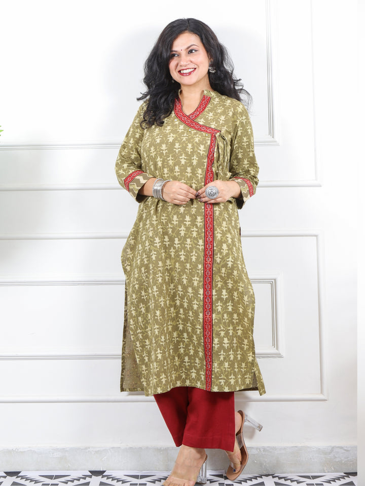 Naaz Sand Yellow Long Angrakha Style Neck Dabu Printed Cotton Kurti