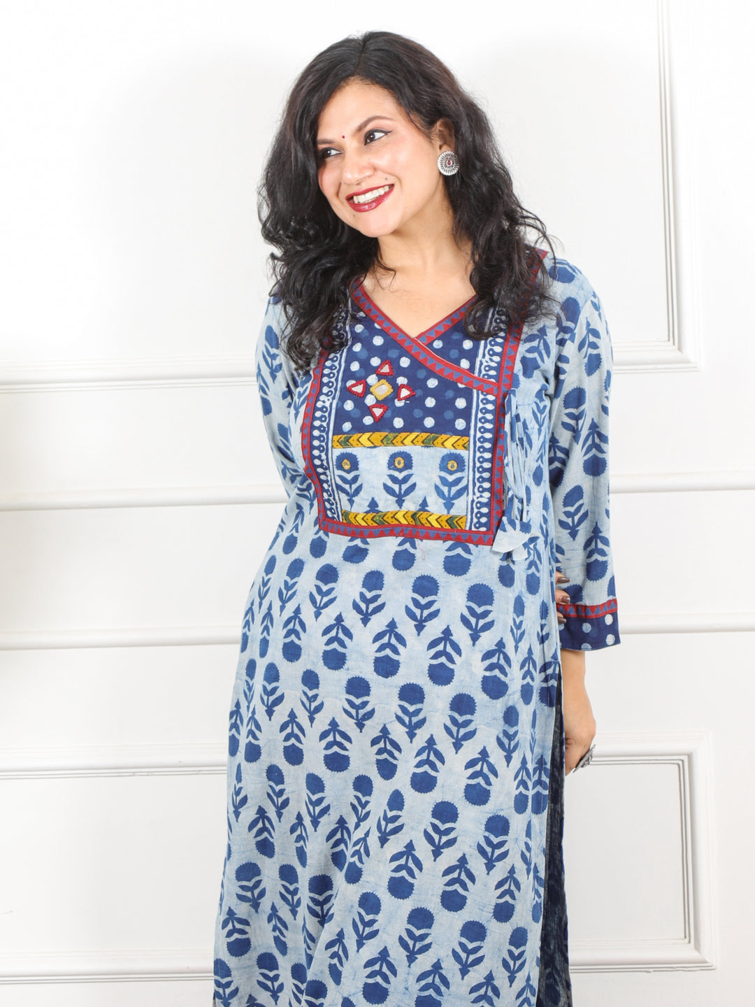 Naaz Faded Blue Kutch Angrakha Neck Work Dabu Printed Cotton Kurti-D2