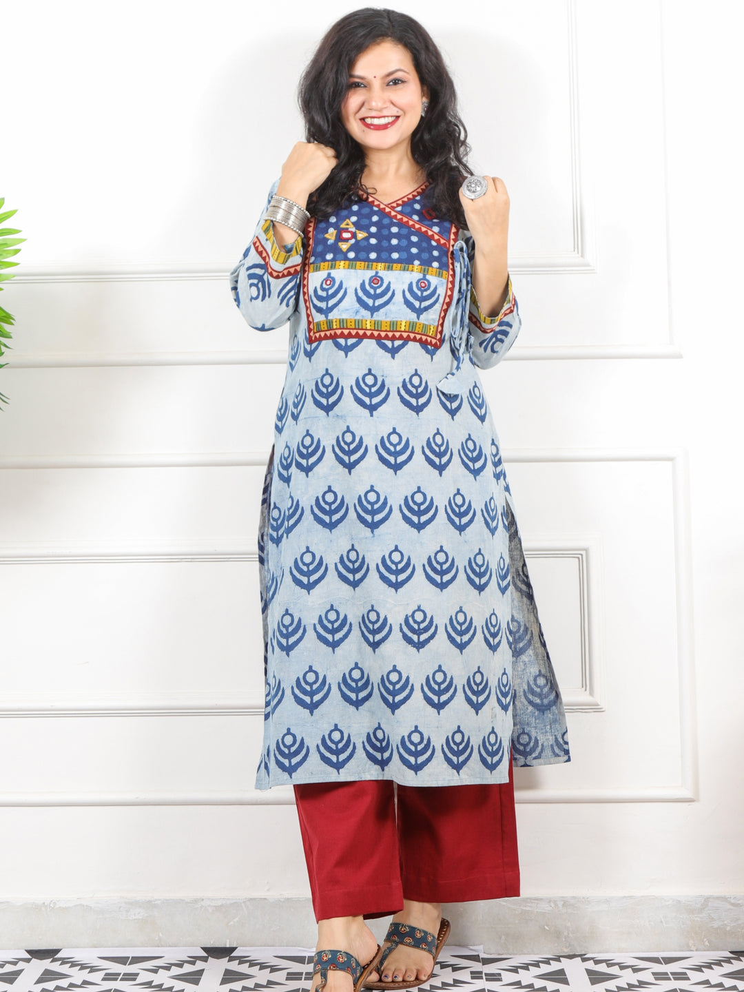 Naaz Faded Blue Kutch Neck Work Dabu Printed Cotton Kurti-D1