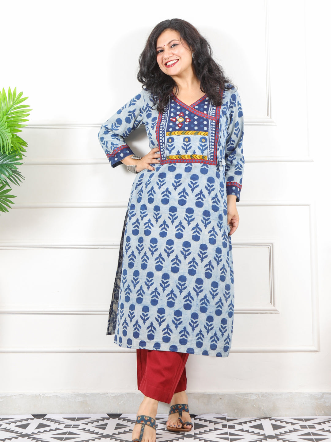 Naaz Faded Blue Kutch Angrakha Neck Work Dabu Printed Cotton Kurti-D2