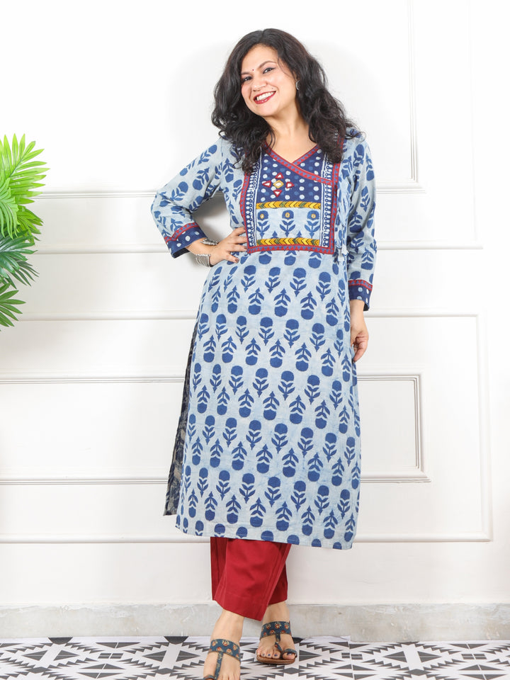 Naaz Faded Blue Kutch Angrakha Neck Work Dabu Printed Cotton Kurti-D2
