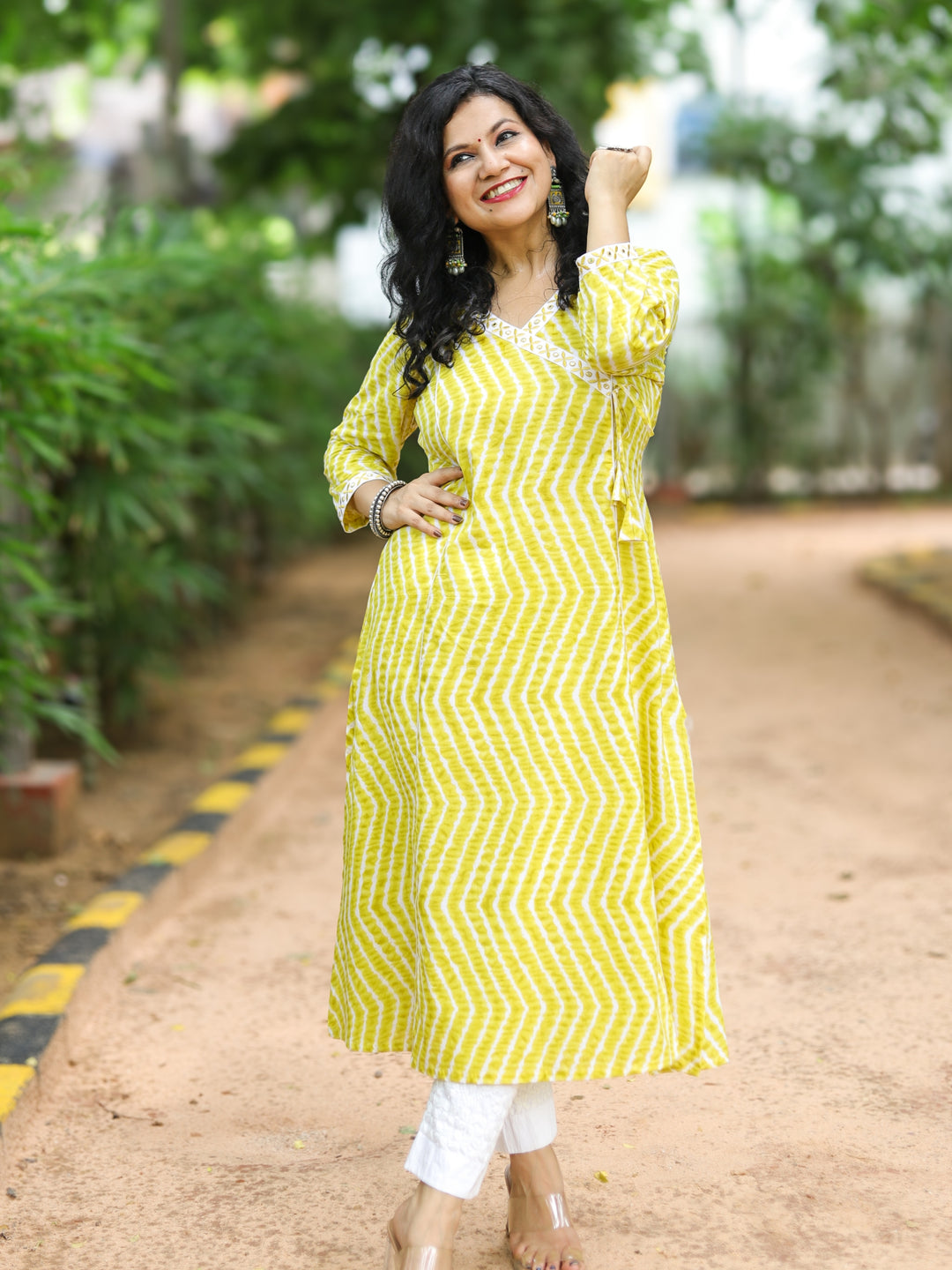 Barkha Mustard Yellow Angrakha Neck In leheriya Printed Cotton Kurti