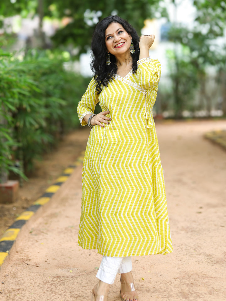 Barkha Mustard Yellow Angrakha Neck In leheriya Printed Cotton Kurti