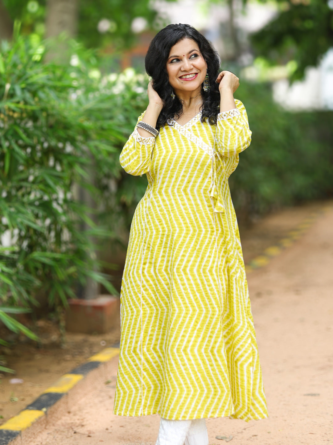 Barkha Mustard Yellow Angrakha Neck In leheriya Printed Cotton Kurti