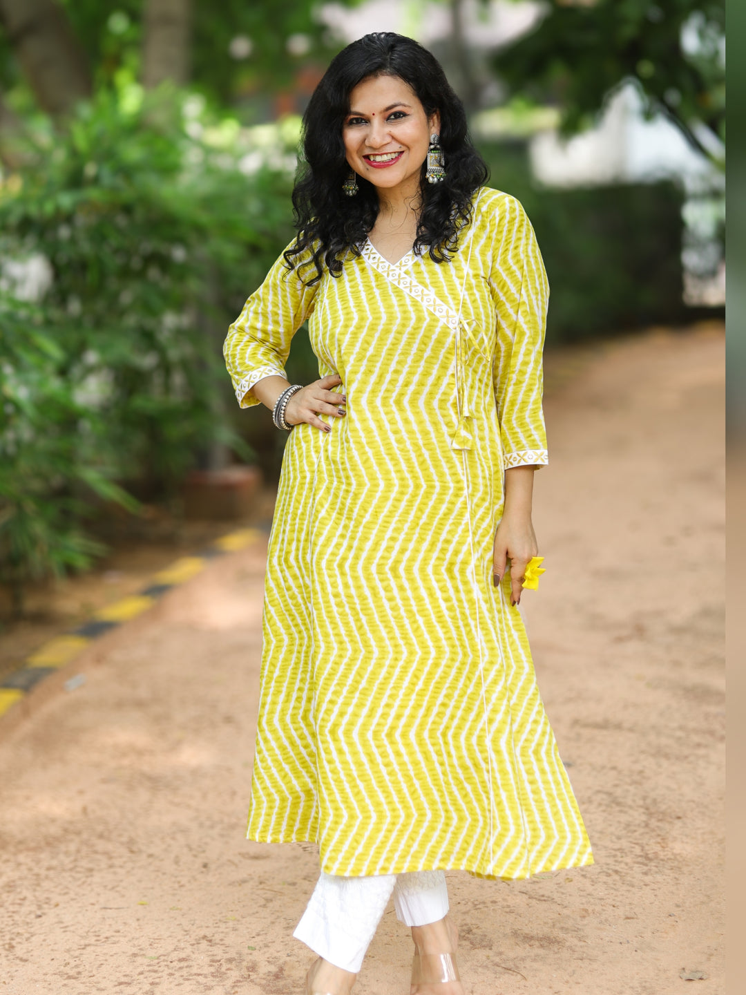 Barkha Mustard Yellow Angrakha Neck In leheriya Printed Cotton Kurti