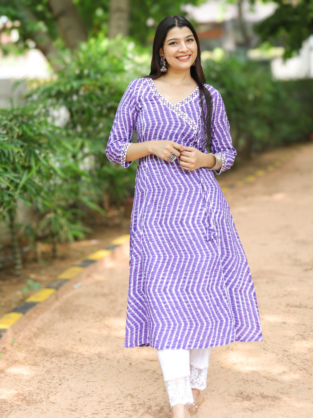 Barkha Berry Purple Angrakha Neck In leheriya Printed Cotton Kurti