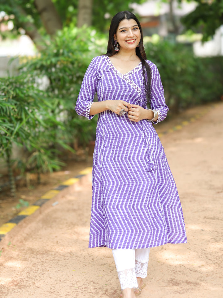 Barkha Berry Purple Angrakha Neck In leheriya Printed Cotton Kurti
