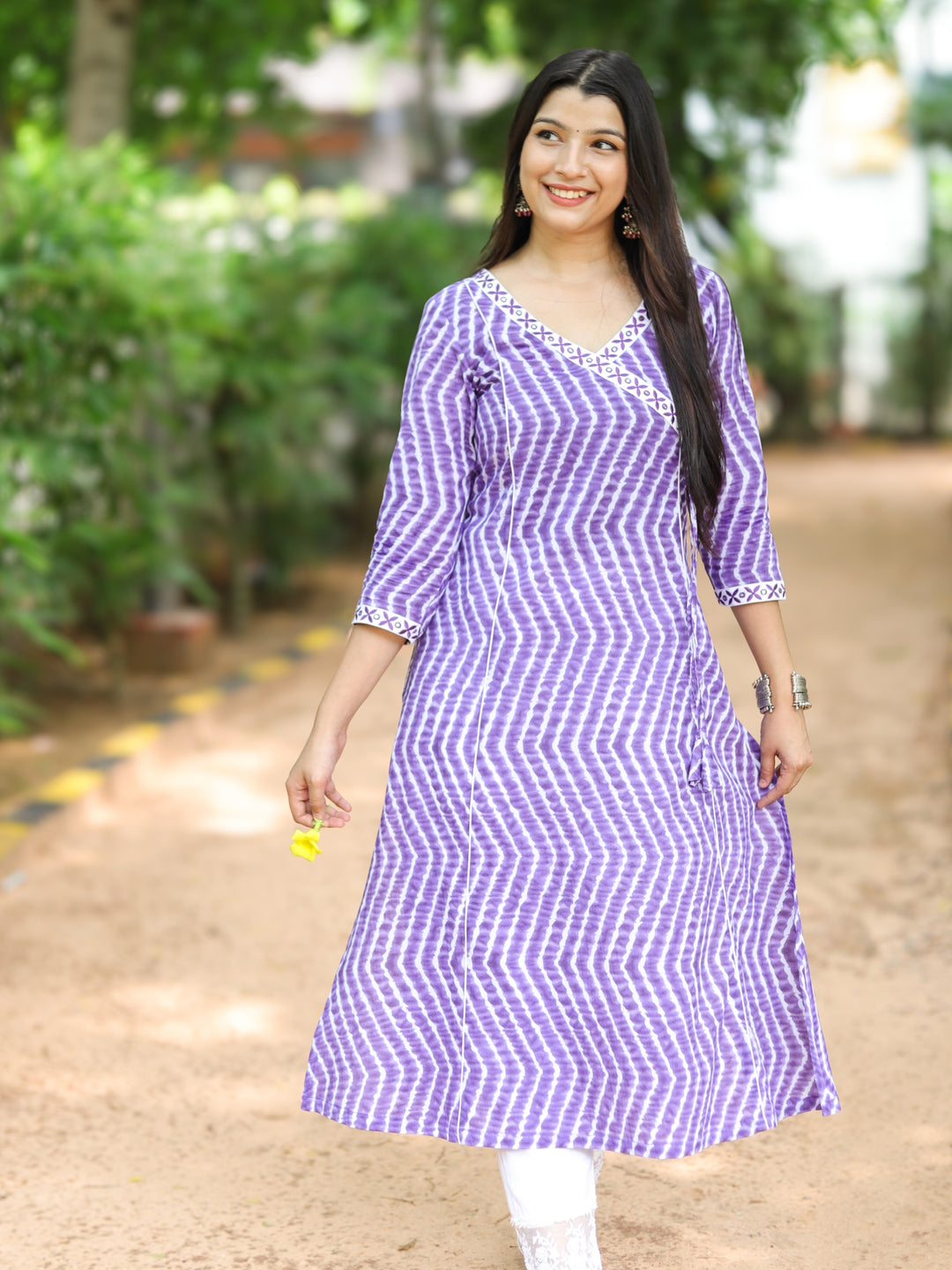 Barkha Berry Purple Angrakha Neck In leheriya Printed Cotton Kurti
