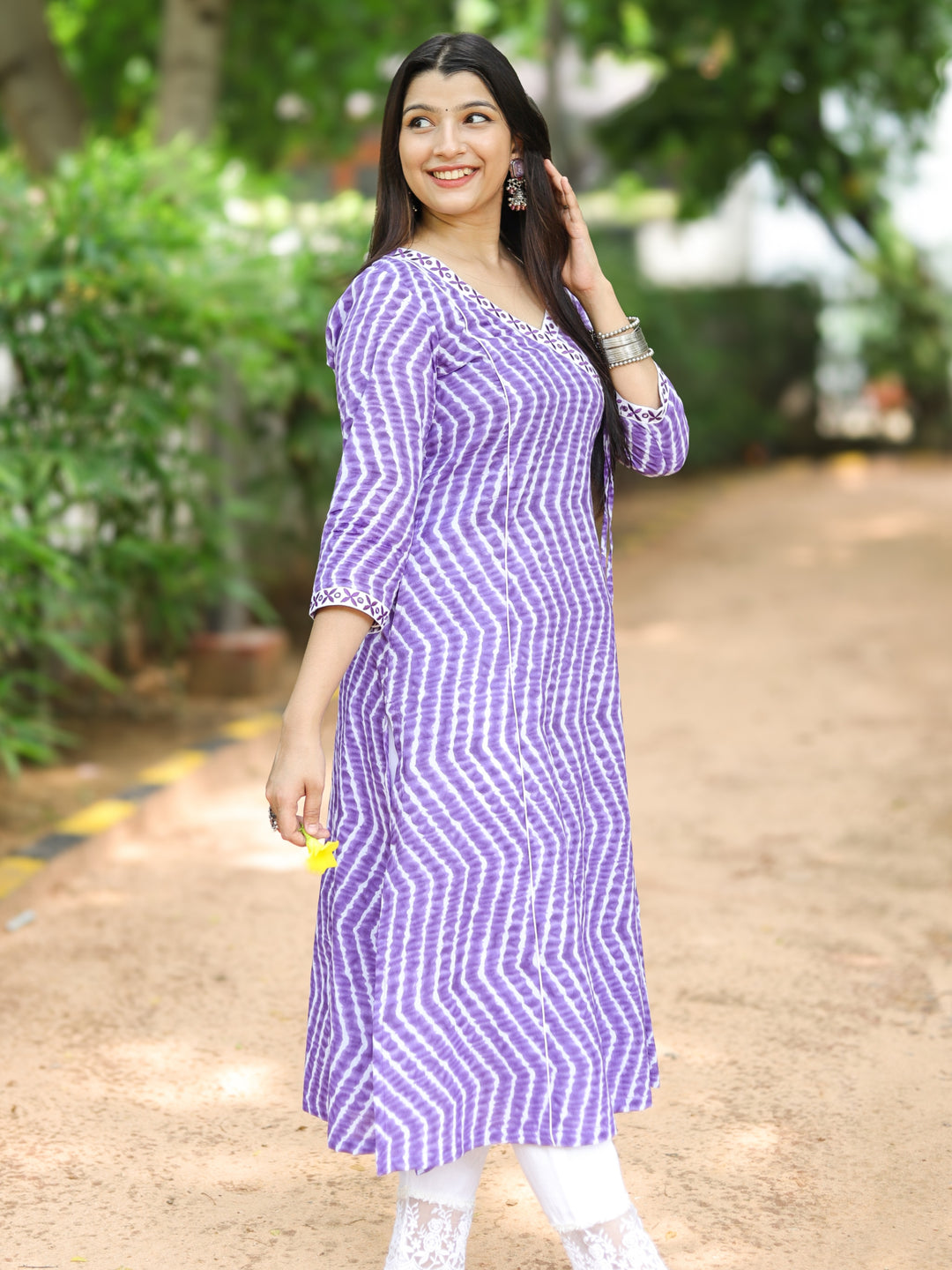 Barkha Berry Purple Angrakha Neck In leheriya Printed Cotton Kurti