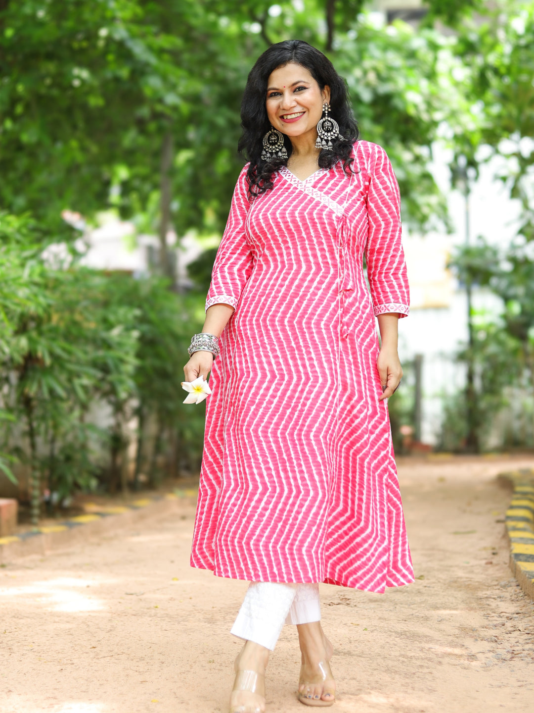 Barkha Flamingo Pink  Angrakha Neck In leheriya Printed Cotton Kurti