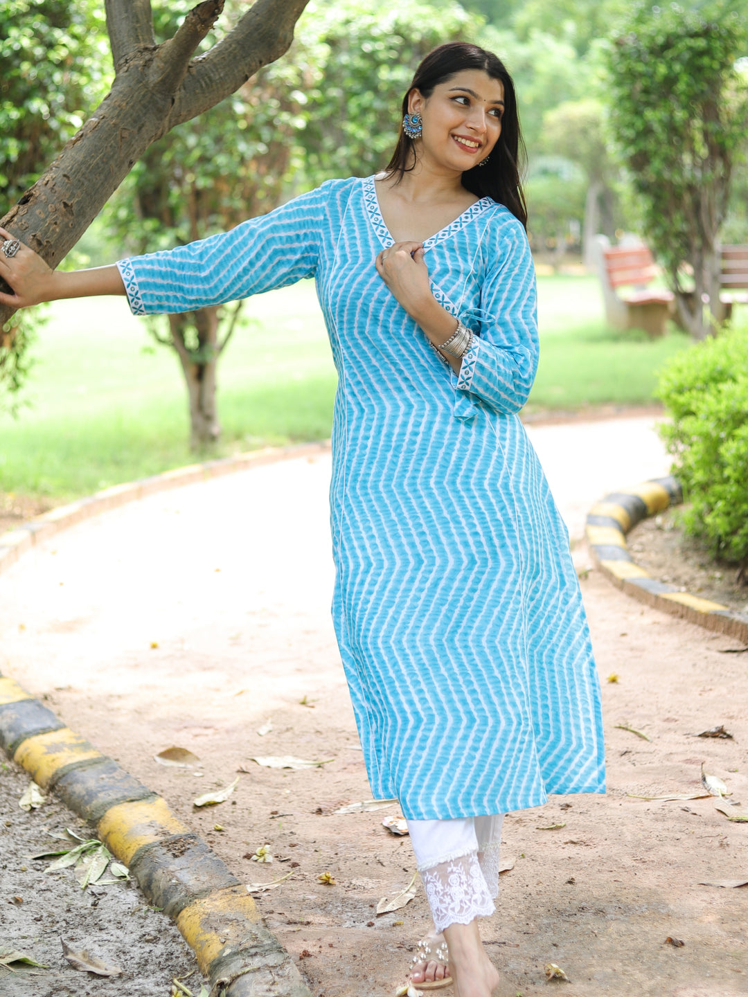 Barkha Cyan Blue Angrakha Neck In leheriya Printed Cotton Kurti