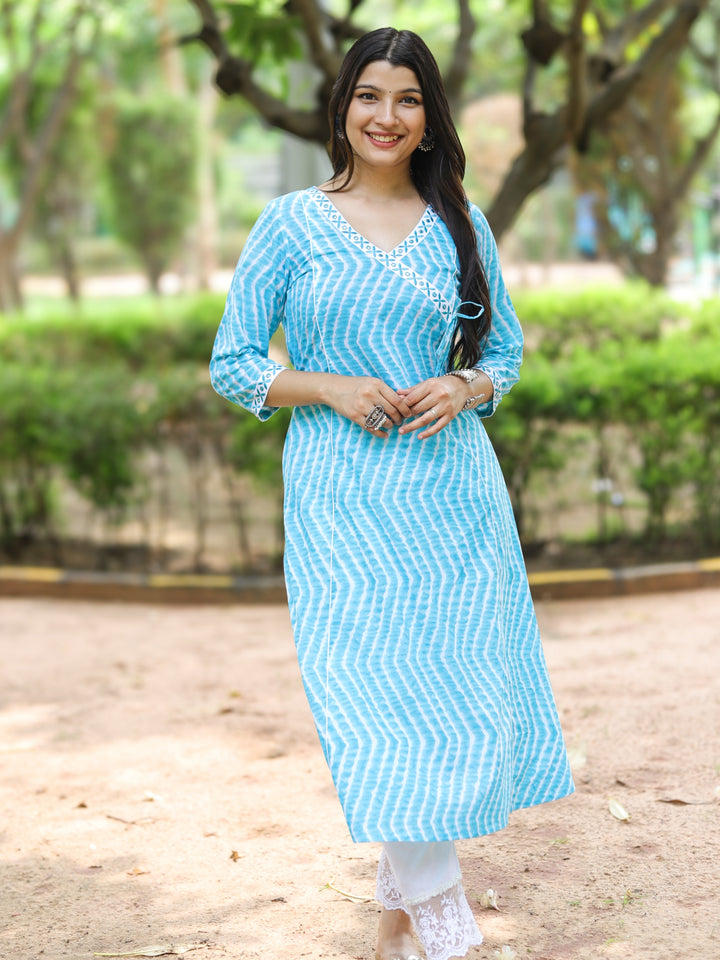 Barkha Cyan Blue Angrakha Neck In leheriya Printed Cotton Kurti