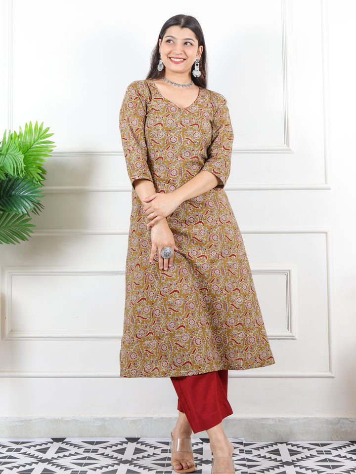 Noor Mustard Brown V Neck Lace in Ajrak Printed Cotton Kurti-D1