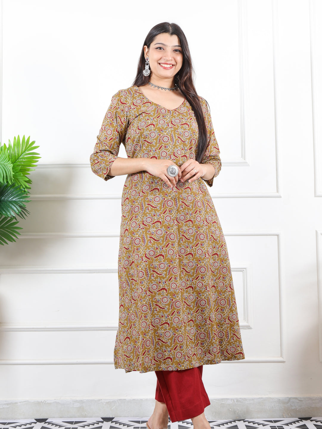 Noor Mustard Brown V Neck Lace in Ajrak Printed Cotton Kurti-D1