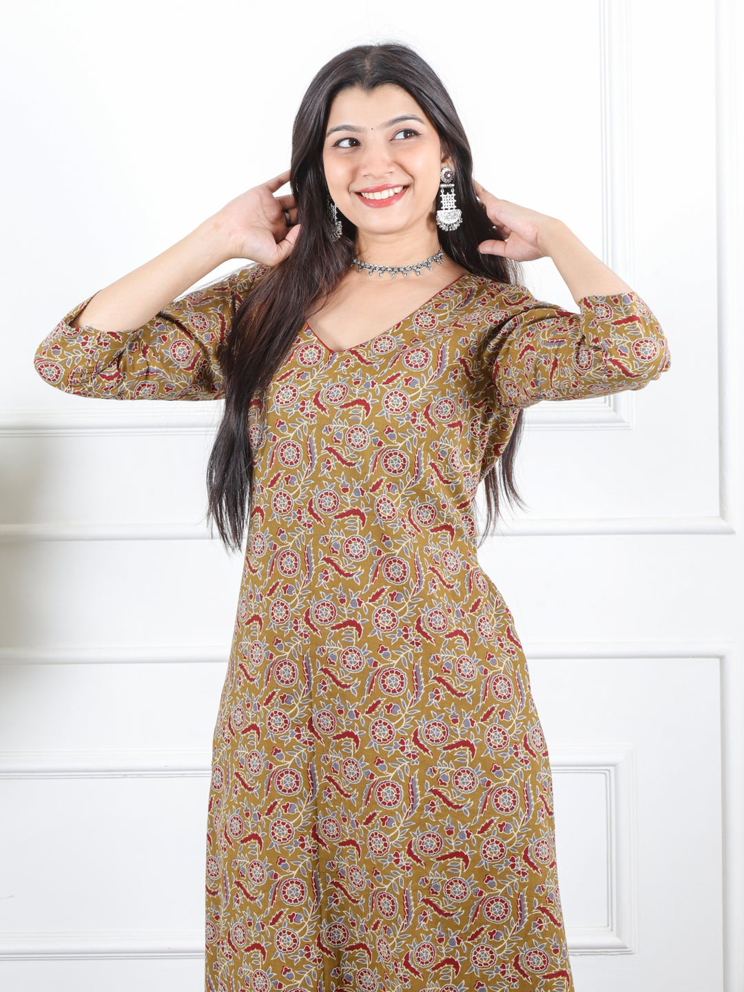 Noor Mustard Brown V Neck Lace in Ajrak Printed Cotton Kurti-D1