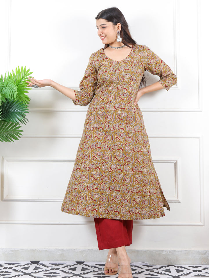 Noor Mustard Brown V Neck Lace in Ajrak Printed Cotton Kurti-D1