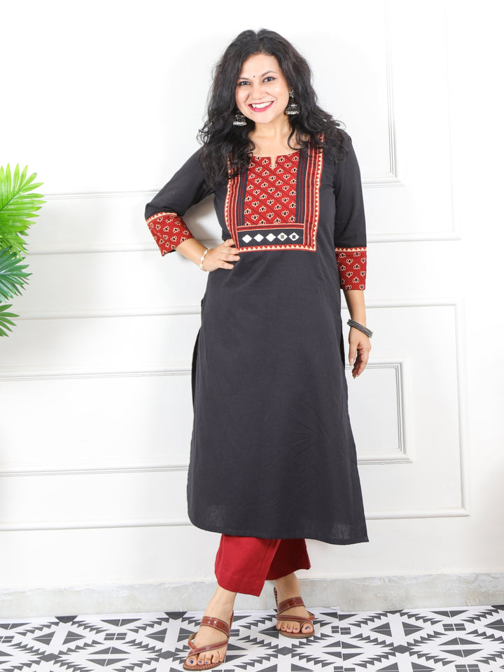 Rivaayi Raven Black Printed Kutch Patch Neck Cotton Flex Kurti