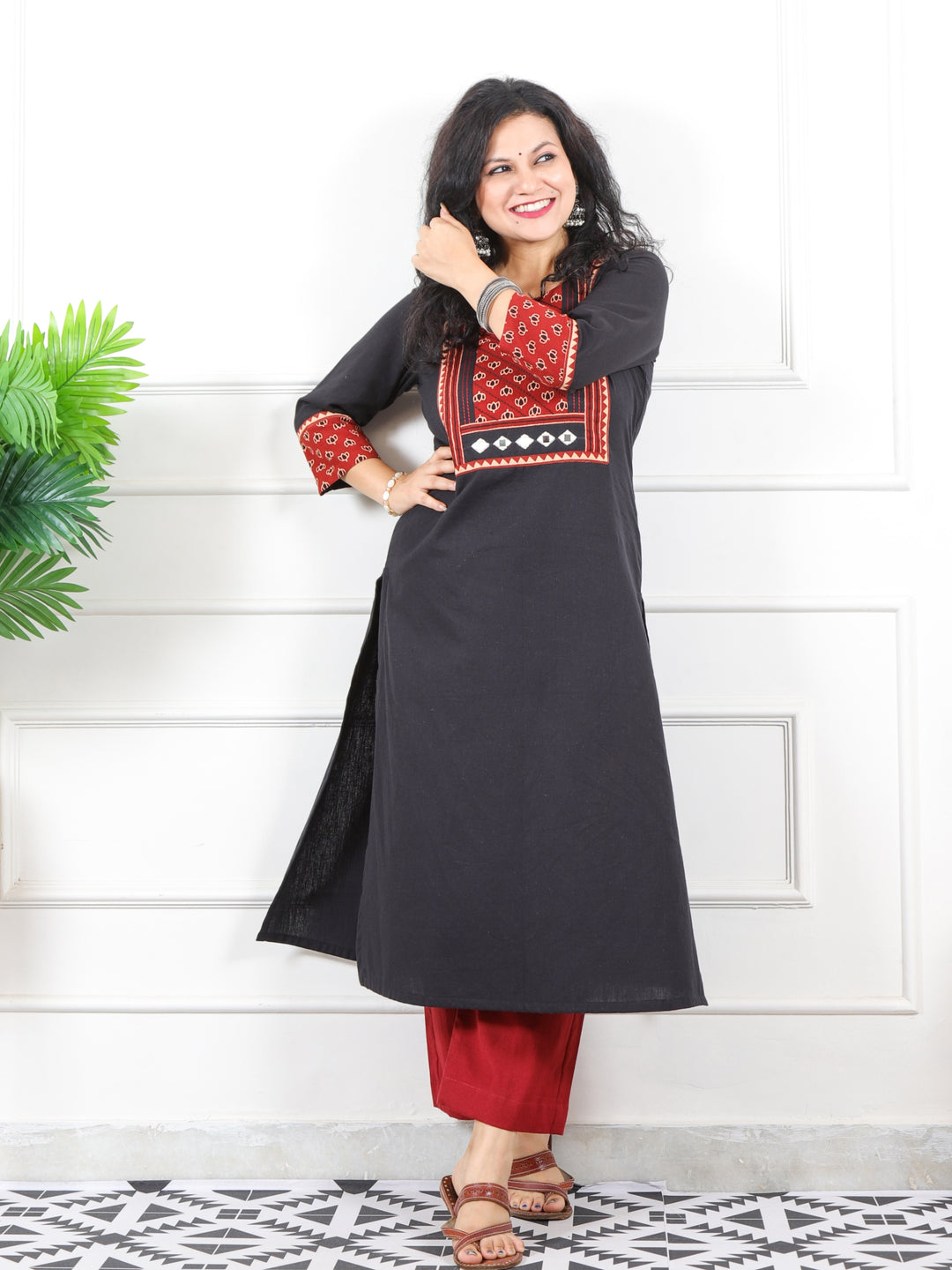 Rivaayi Raven Black Printed Kutch Patch Neck Cotton Flex Kurti