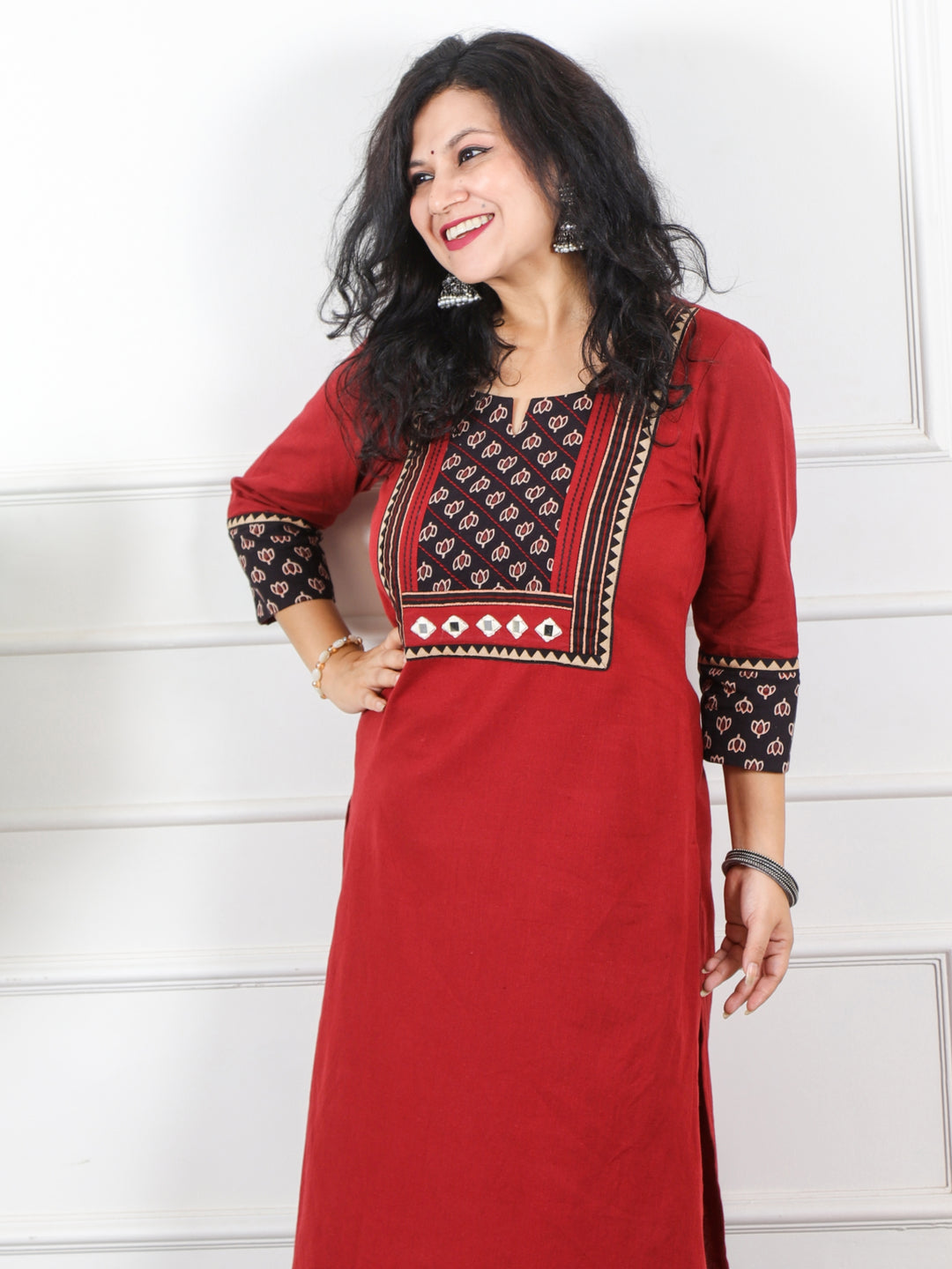 Rivaayi Blood Red Printed Kutch Patch Neck Cotton Flex Kurti