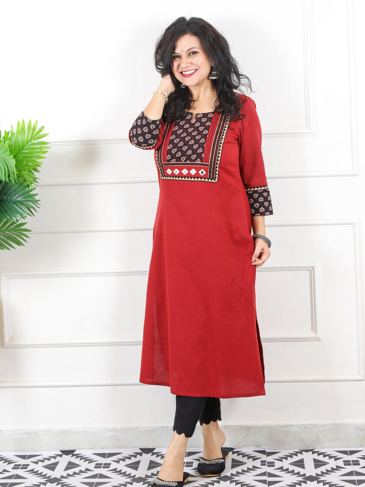 Rivaayi Blood Red Printed Kutch Patch Neck Cotton Flex Kurti