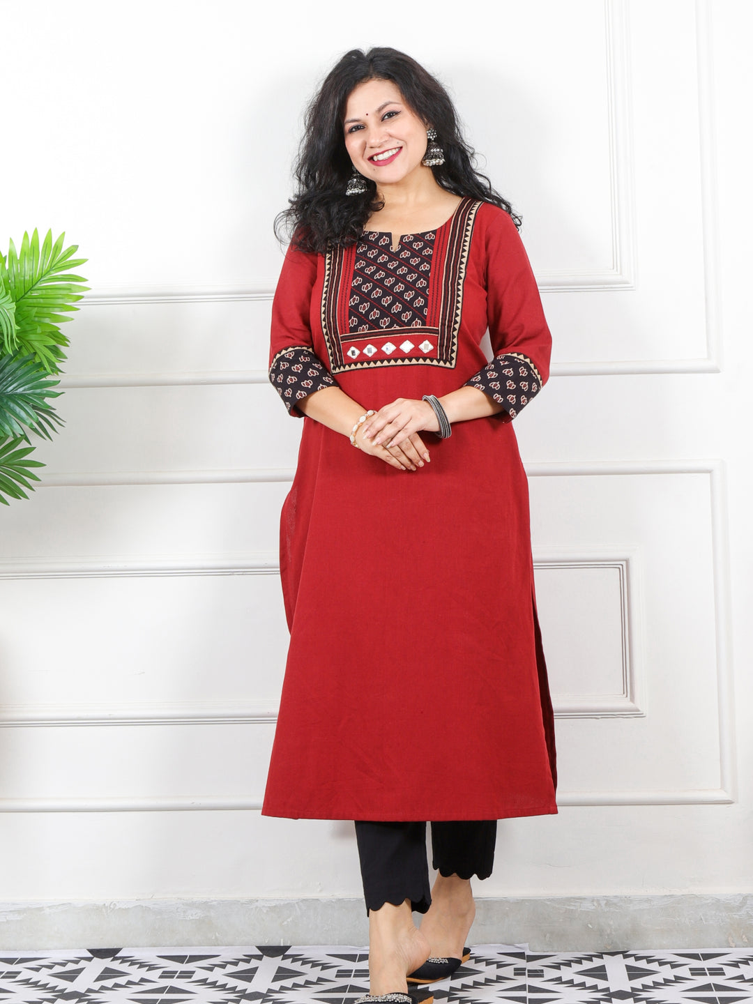 Rivaayi Blood Red Printed Kutch Patch Neck Cotton Flex Kurti