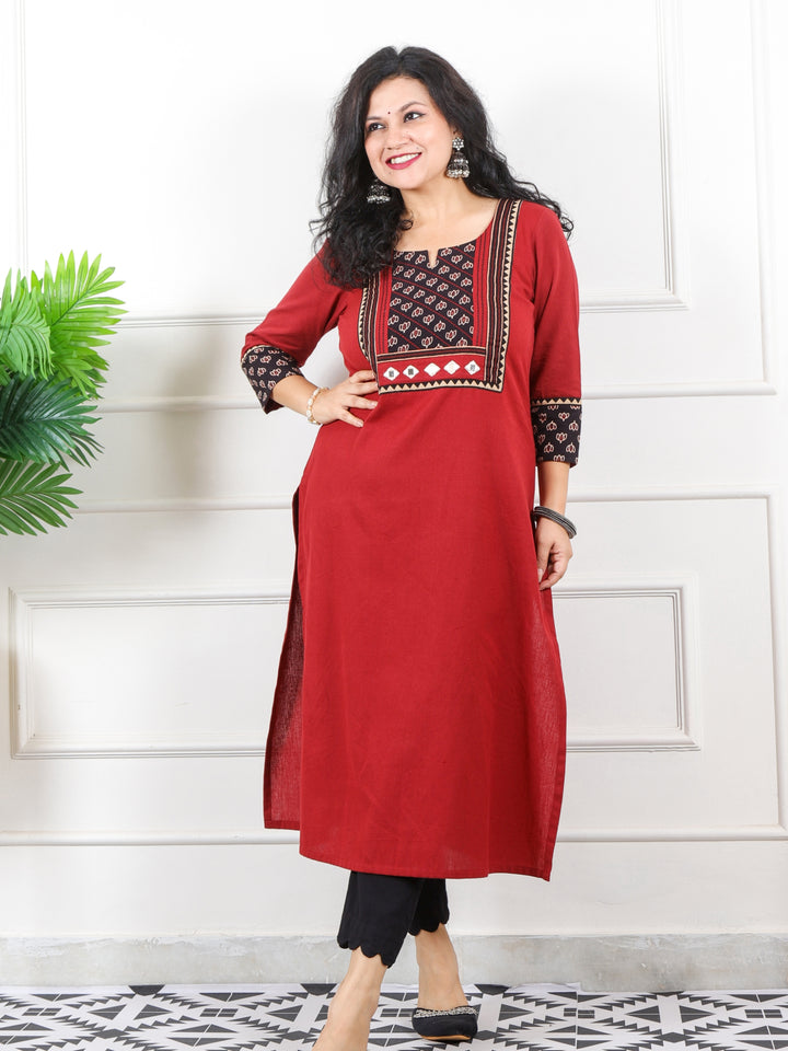 Rivaayi Blood Red Printed Kutch Patch Neck Cotton Flex Kurti