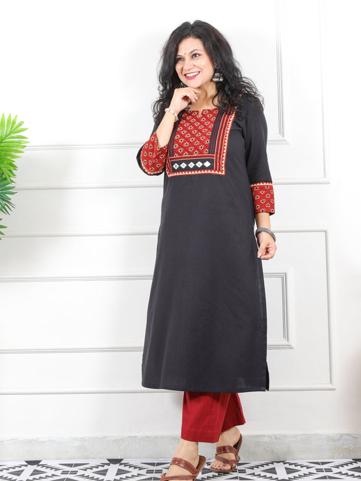 Rivaayi Raven Black Printed Kutch Patch Neck Cotton Flex Kurti