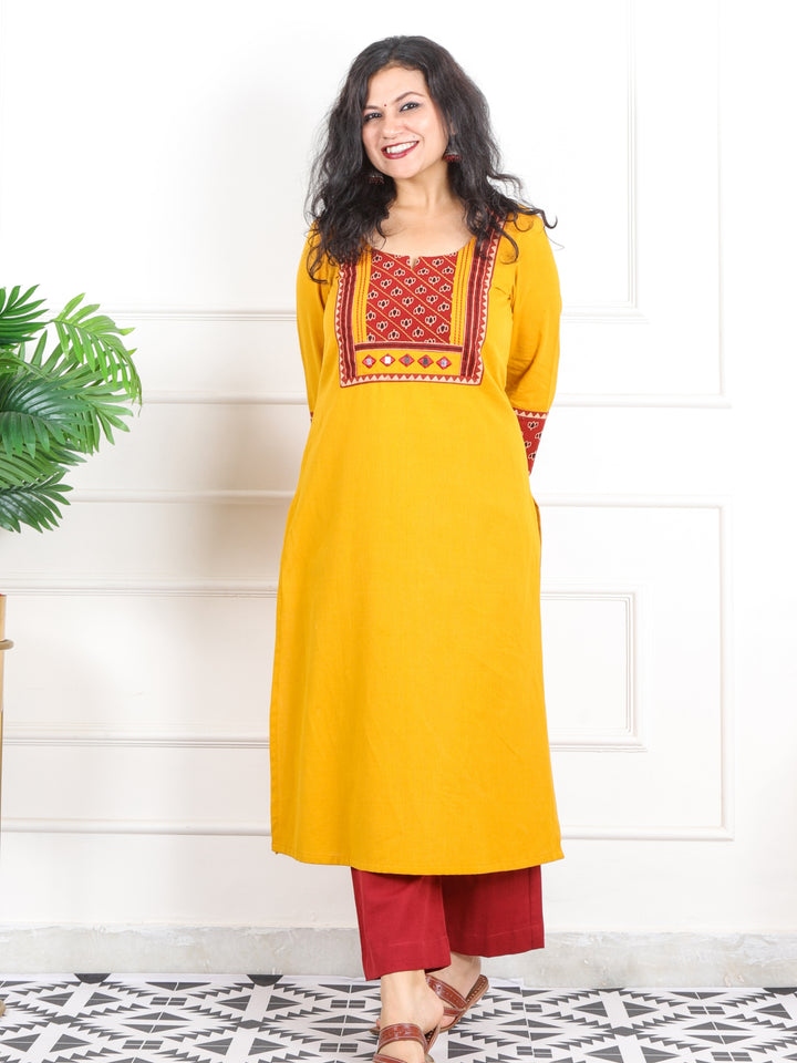 Rivaayi Canary Yellow with Red Printed Kutch Patch Neck Cotton Flex Kurti