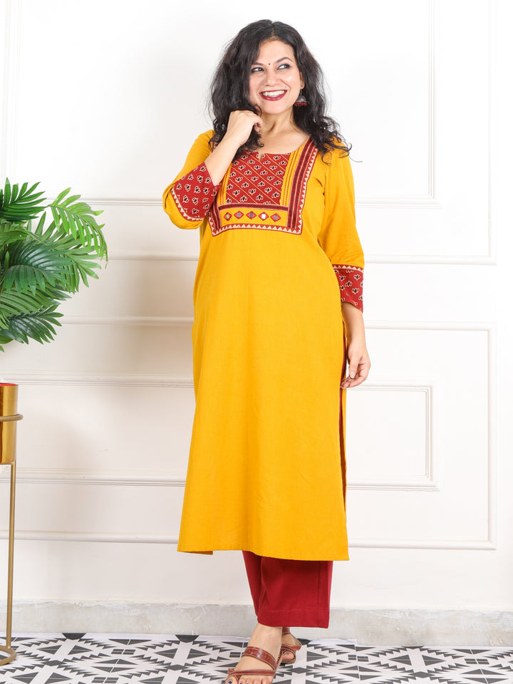 Rivaayi Canary Yellow with Red Printed Kutch Patch Neck Cotton Flex Kurti