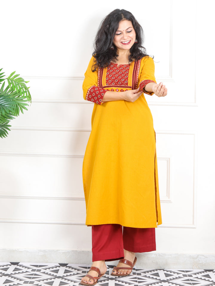 Rivaayi Canary Yellow with Red Printed Kutch Patch Neck Cotton Flex Kurti