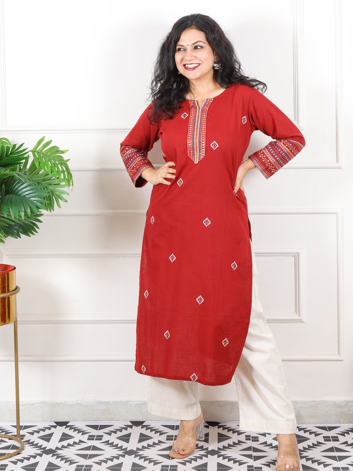 Kashish Bride Red Thread Work with Patra Detailing Cotton Kurti