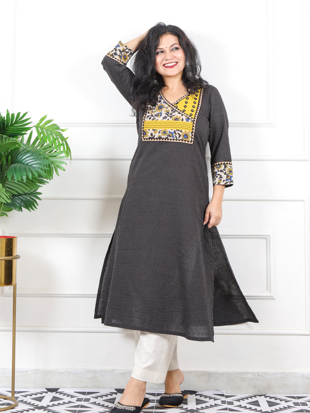 Rivaayi Raven Black Angrakha Neck In Running Stitch Cotton Kurti-D3