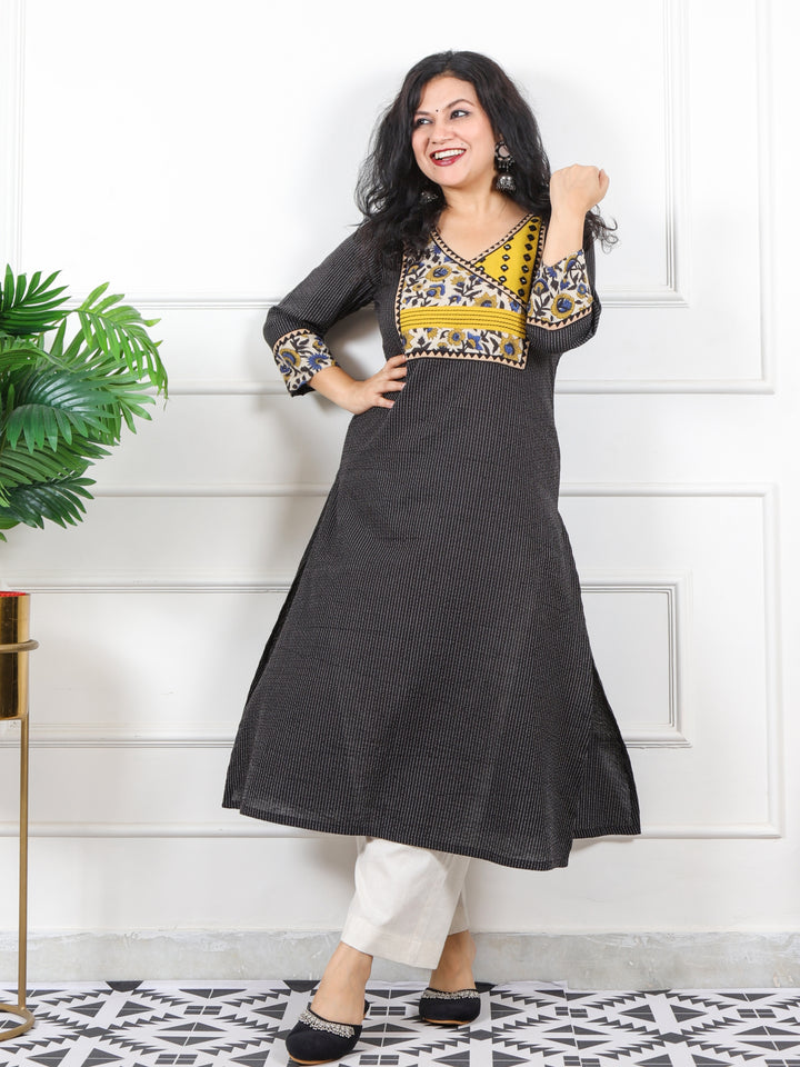 Rivaayi Raven Black Angrakha Neck In Running Stitch Cotton Kurti-D3