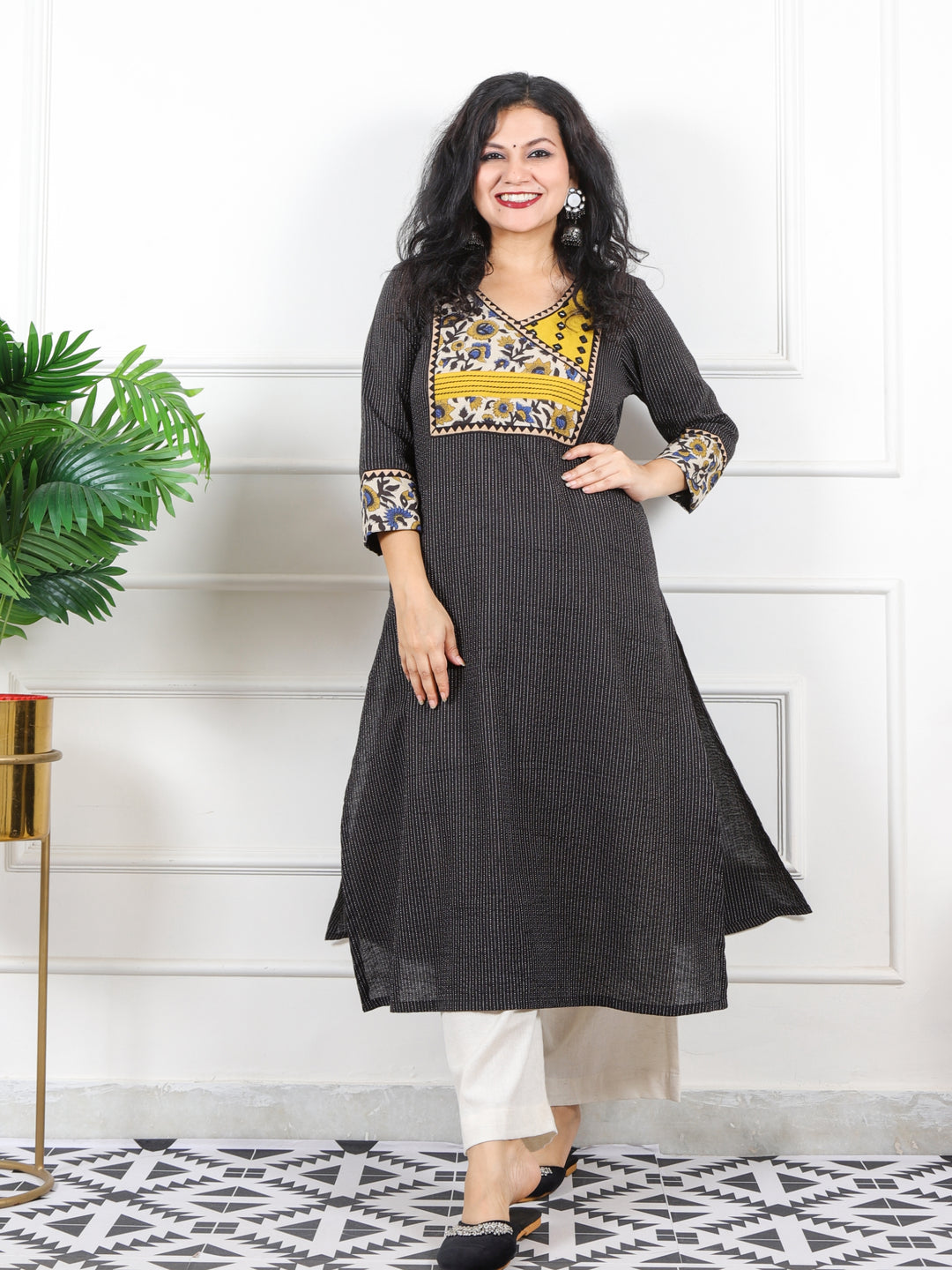 Rivaayi Raven Black Angrakha Neck In Running Stitch Cotton Kurti-D3