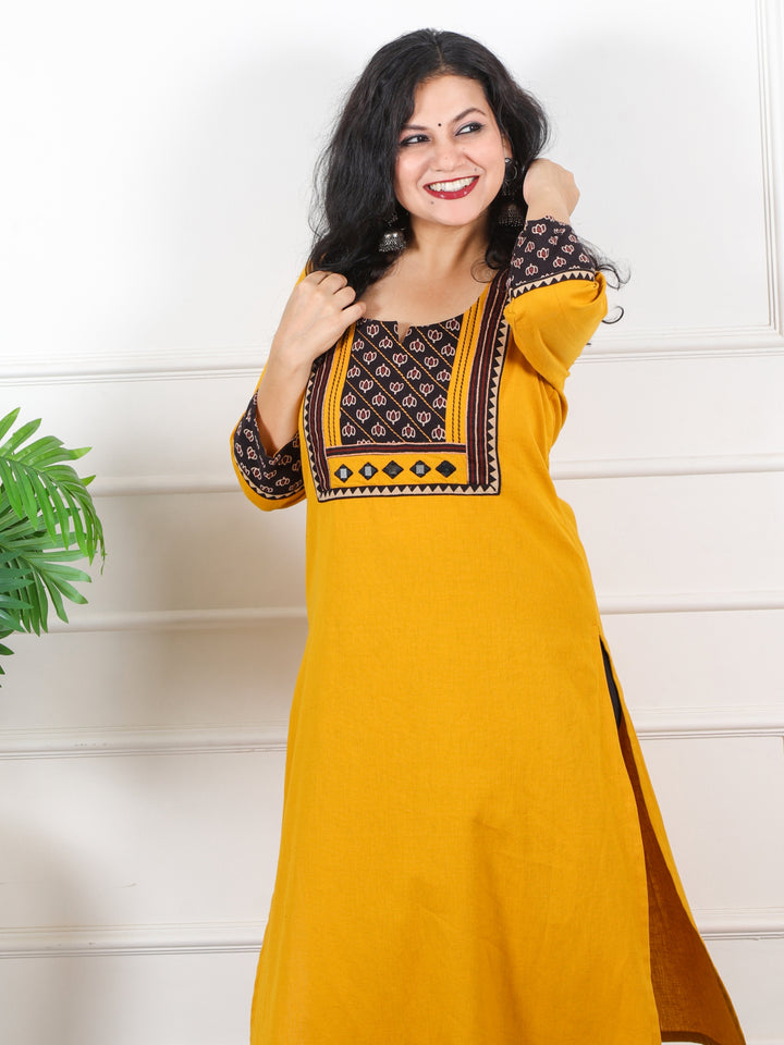 Rivaayi Canary Yellow with Black Printed Kutch Patch Neck Cotton Flex Kurti