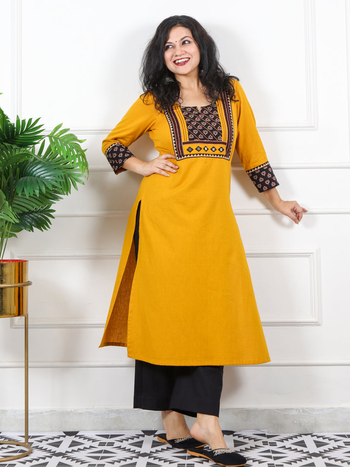 Rivaayi Canary Yellow with Black Printed Kutch Patch Neck Cotton Flex Kurti