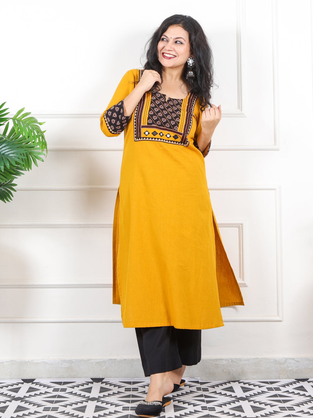 Rivaayi Canary Yellow with Black Printed Kutch Patch Neck Cotton Flex Kurti