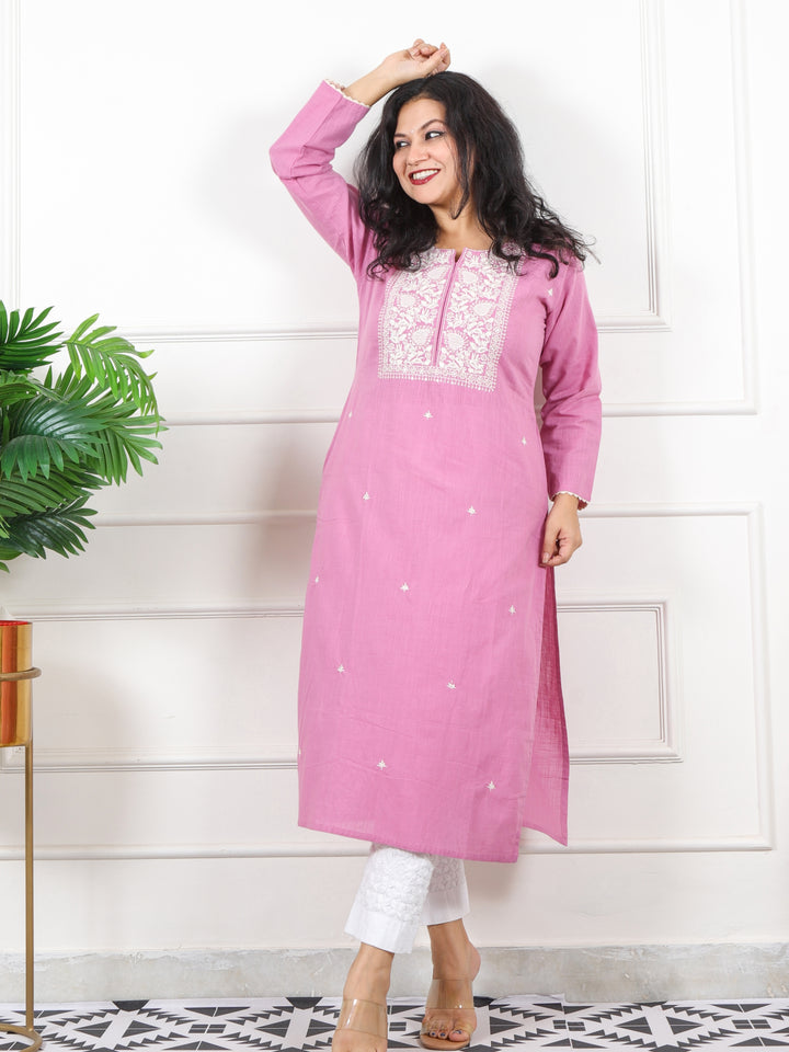Kashish Fusica Pink Thread Embriodered Work Detailing Cotton Kurti