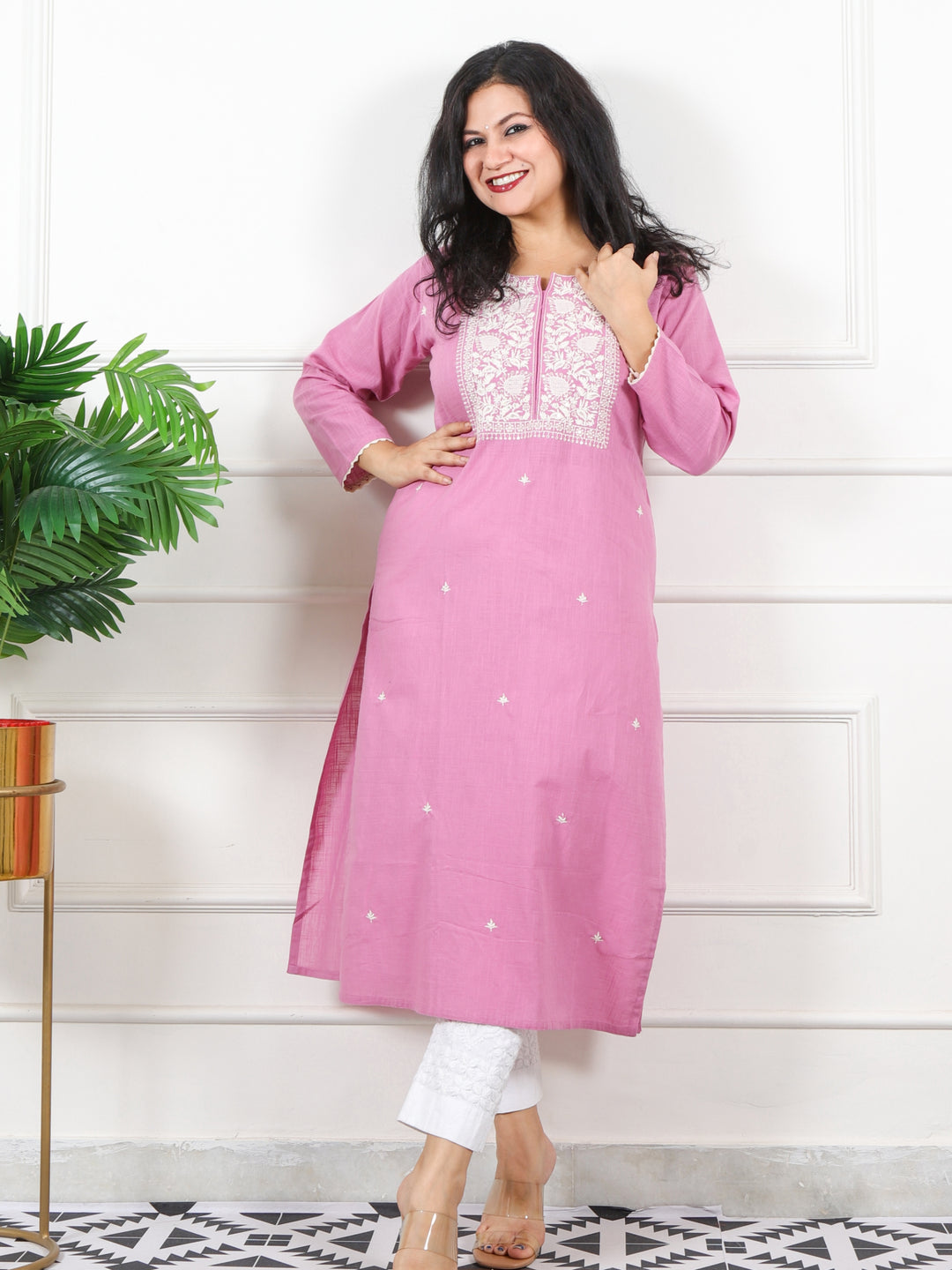 Kashish Fusica Pink Thread Embriodered Work Detailing Cotton Kurti